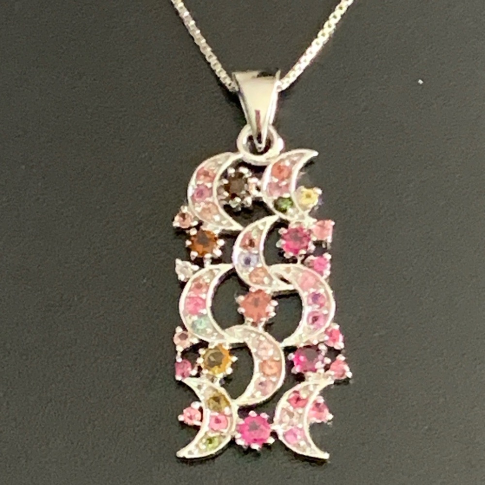 Sparkling Vintage Sterling Silver 925  Multi Tourmaline Pendant Necklace  19”